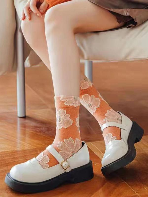 Women's 5 Pairs Floral Embossed Crew Socks, Fashionable Casual Cozy Breathable Socks for Daily Wear, Women Socks for All Seasons