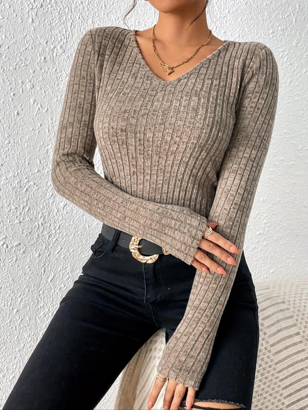 Women's Plain V Neck Sweater, Casual Solid Long Sleeve Knit Top for Fall & Winter, Women's Knitwear for Daily Wear