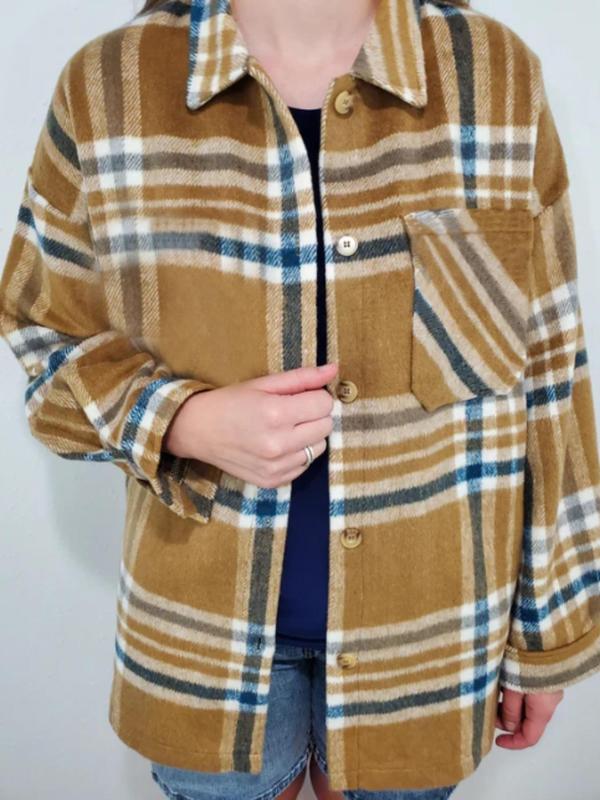 Women's Plaid Print Button Front Drop Shoulder Shirt, Casual Long Sleeve Pocket Collared Top for Fall & Winter, Ladies Clothes for Daily Wear