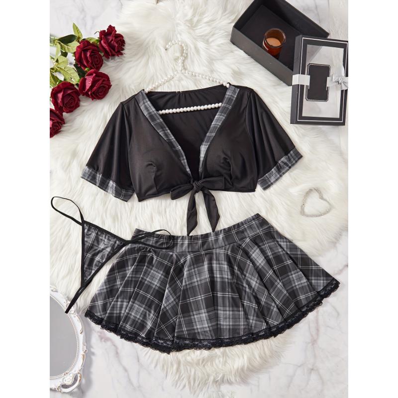 Plus Size Women's Sultry Tie-Front Plaid Lingerie Costume Set - Seductive Roleplay Uniform with Lace Accents, Black and Red Color Block, Bedroom Attire for Confident Women - Perfect for Boudoir Play and Romantic Nights Womenswear Comfort