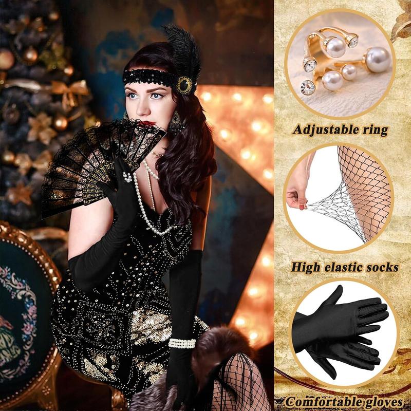 1920s Accessories for Women Great Gatsby Nye Sparkly Dress Set with Headband Masquerade Mask Fishnet Tights