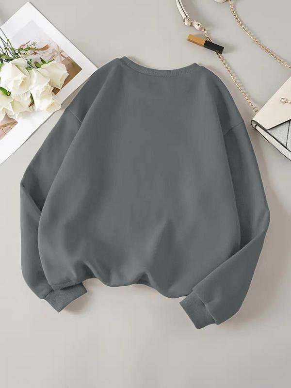 Women's Letter & Bat Print Drop Shoulder Sweatshirt, Retro Casual Long Sleeve Round Neck Pullover for Daily Wear, Ladies Clothes for All Seasons