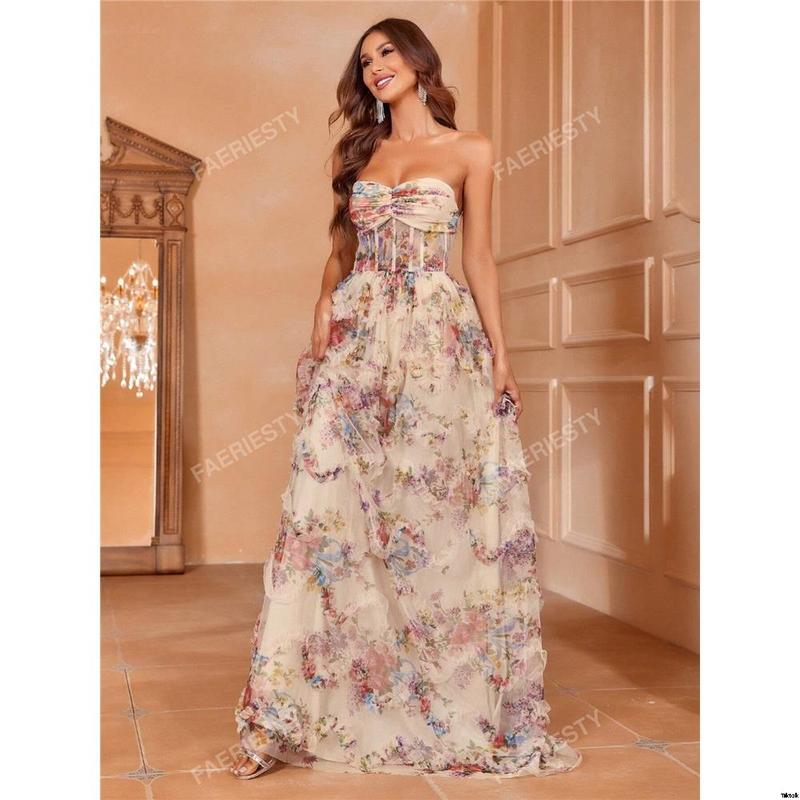 Evening dress dress tube top print floral hem edge ruffles corset ruffles