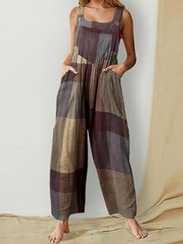 Women's Patchwork Print Wide Leg Jumpsuit, Sleeveless Jumpsuit for Spring & Fall, Casual Overalls for Women, 2024 Trendy Women Outfits, Women's Jumpsuit for Daily Wear