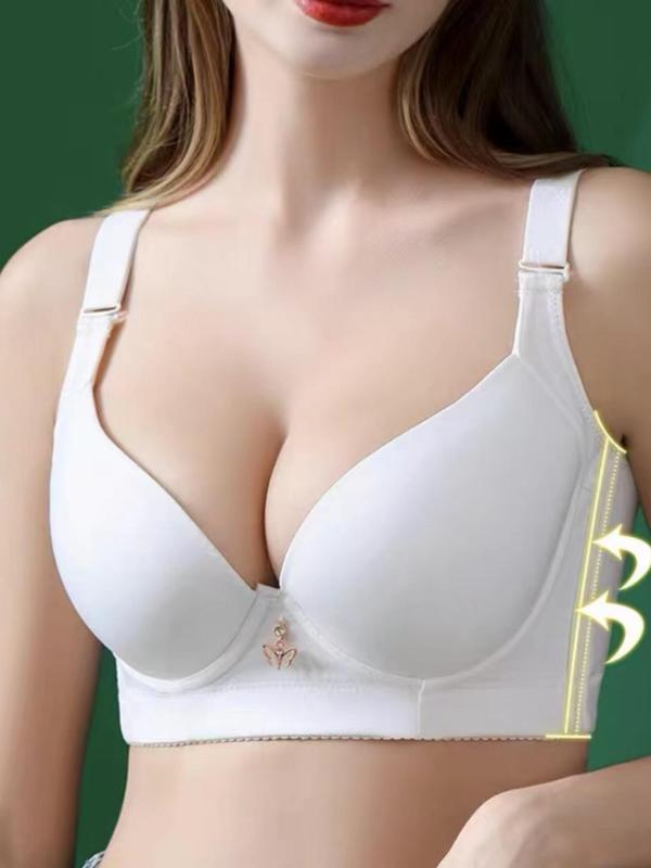 Plus Size Rhinestone Decor Push Up Bra, Women's Solid Underwire Bra, Soft Comfortable Breathable Bras for Daily Wear