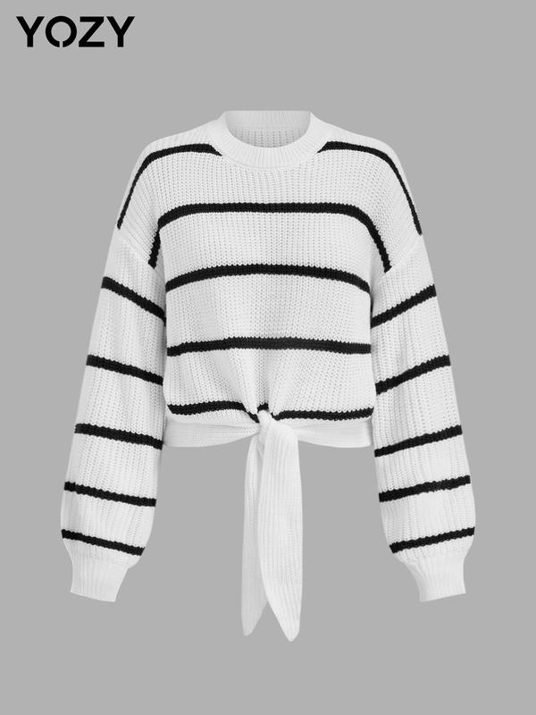 YOZY Women's Striped Print Tie Front Drop Shoulder Sweater, Casual Long Sleeve Round Neck Jumper for Fall & Winter, Fashion Ladies' Knitwear for Daily Wear