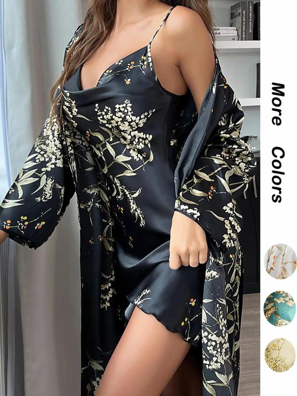 @Shopwithjulie Collection 2 Piece Set Women's Floral Print Pyjama Set, Girl Nightwear, Cowl Neck Cami Nightdress & Belted Pj Robe, Fall Wear, Women Sleepwear Loungewear Set, Lounge Set , Pajama Sets Women, Plz Order A Size Up