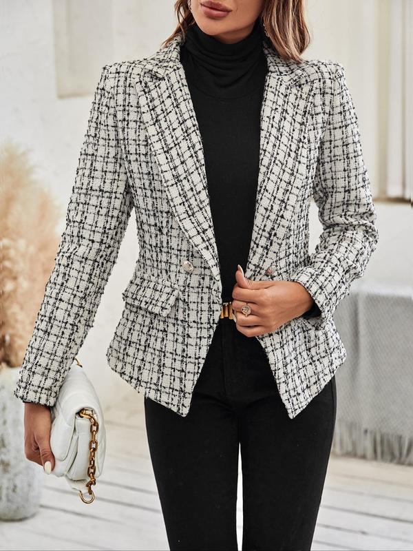 Womenswear Plaid Print Double Button Flap Detail Lapel Blazer, Blazers Jackets for Women, Casual Long Sleeve Outerwear for Fall & Winter, Ladies Clothes for Work Office Business