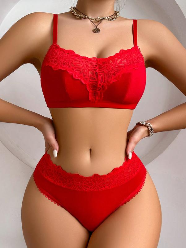 Women's Solid Color Splicing Lace Lingerie Set, Bra & Panty Set Eyelash Lace Set