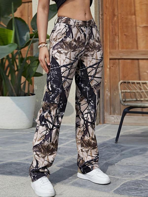 Women's Camo Print Pocket Button Pants, Casual Comfy High Waist Trousers for Daily Wear, Ladies Bottoms for Fall & Winter