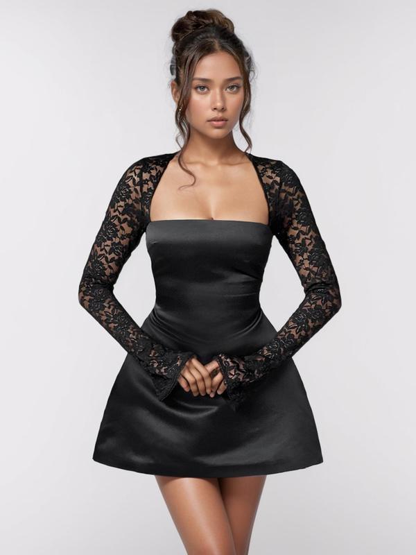 Women's Contrast Lace Tie Back A Line Dress, Fall Outfits, Elegant Square Neck Long Sleeve Short Dress for Party Holiday Wedding Guest for Fall,  Homecoming Dresses, Dresses for Women, Ladies Clothes for Fall, Formal Wear