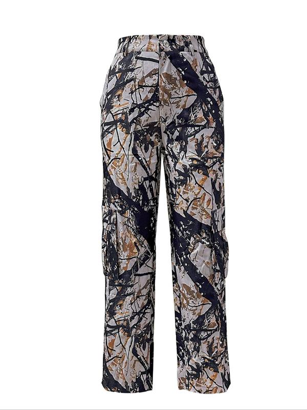 Women's Camo Print Pocket Button Pants, Casual Comfy High Waist Trousers for Daily Wear, Ladies Bottoms for Fall & Winter