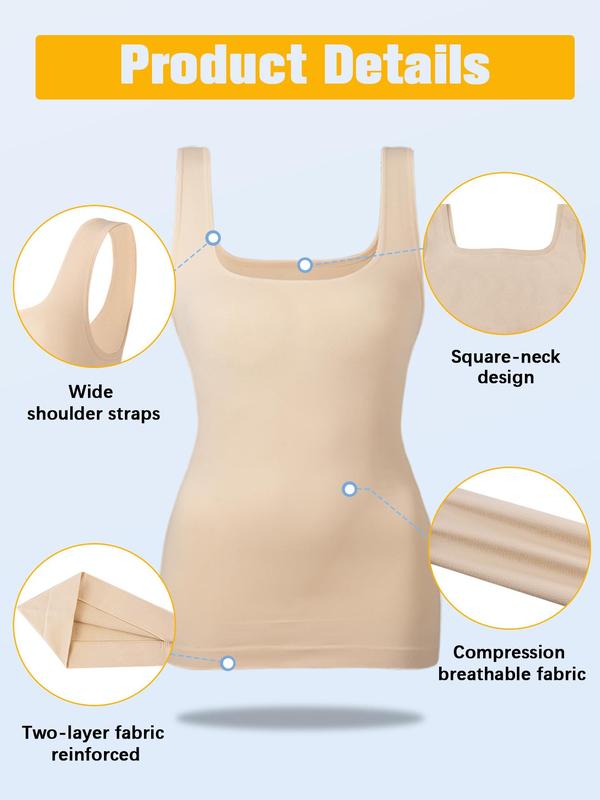 Women's Solid Color Square Neck Shapewear Tank Top, High Stretch Seamless Tummy Control Shaper, Ladies Shapewear for All Seasons