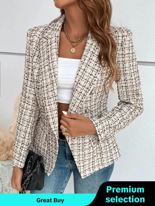 Womenswear Plaid Print Double Button Flap Detail Lapel Blazer, Blazers Jackets for Women, Casual Long Sleeve Outerwear for Fall & Winter, Ladies Clothes for Work Office Business