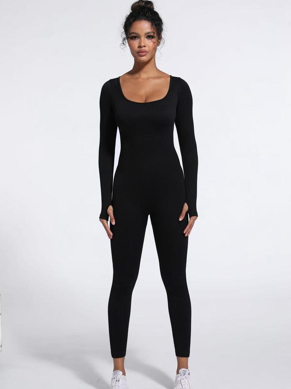 Women's Ribbed Jumpsuit, Casual Tummy Control High Stretch Shapewear Jumpsuit, Long Sleeve Bodysuit for Workout and Sports, Solid Color Seamless Playsuit - Check, Womenswear, Ladies Shapewear Clothes for Daily Wear#SSL1