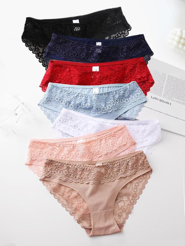 Women's 7pcs Solid Scallop Trim Contrast Lace Knicker, Breathable Comfy Panty for Daily Wear,  Underwear for Women, Women Underwear for All Seasons