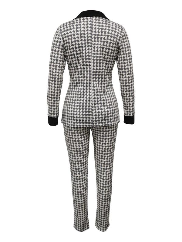 Women's Houndstooth Print Lapel Neck Zipper Blazer & Pants Two-piece Set, Casual Long Sleeve Pocket Outerwear & Trousers for Work Office Business, Ladies Fall & Winter Clothes