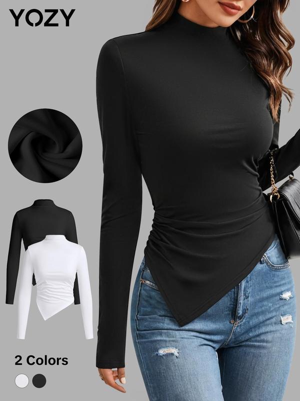 YOZY [2 Colors] Plain Asymmetrical Hem T-shirt, Casual Long Sleeve Mock Neck Skinny Women's Top, 2024 Women's Daily Wear for Spring & Fall