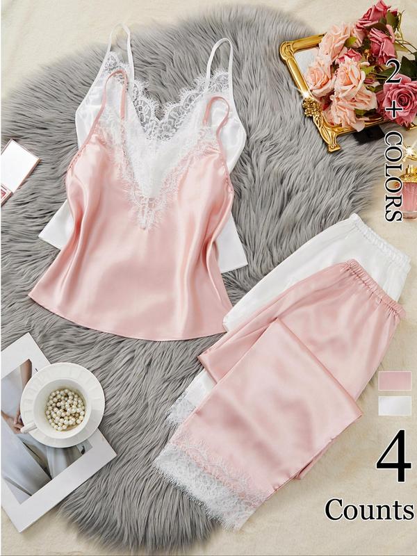 Women's Contrast Lace Cami Top & Elastic Waist Pants Satin Pyjama Set, Comfort Pj Set for Homewear, Ladies Sleepwear for   All Seasons