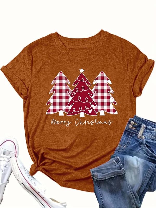  Women's Christmas Tree Print Round Neck Tee, Casual Short Sleeve Crew Neck T-Shirt for Daily Wear, Ladies Clothes for All Seasons