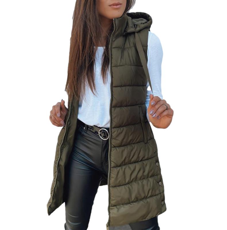 BZB Women Long Vest Solid Color Sleeveless Hood Winter Puffer Vest Outwear