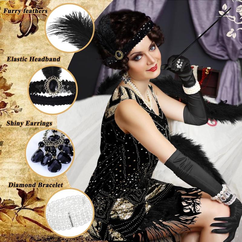 1920s Accessories for Women Great Gatsby Nye Sparkly Dress Set with Headband Masquerade Mask Fishnet Tights