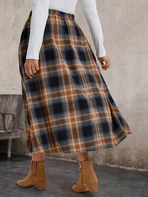  Plaid Print Elastic Waist Flared Skirt, Casual Fashion Long Skirt for Daily Outdoor Wear, Women Clothing for Fall & Winter