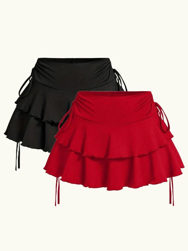 Women's Solid Ruched Drawstring Tiered Layer Skirt, Elegant Fashion Casual Short Skirt for Daily Outdoor Wear, Women Bottoms for Summer