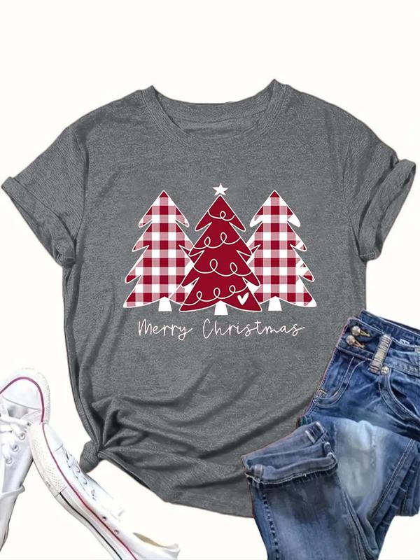  Women's Christmas Tree Print Round Neck Tee, Casual Short Sleeve Crew Neck T-Shirt for Daily Wear, Ladies Clothes for All Seasons