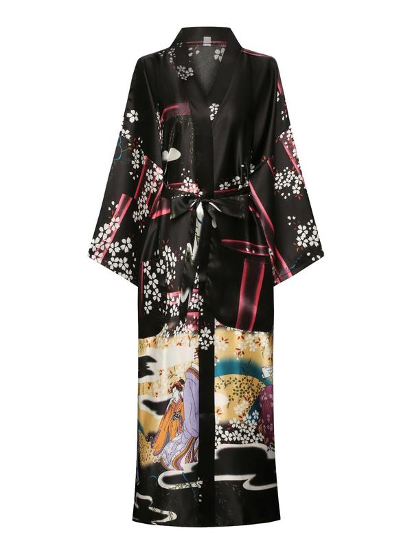 Women's Floral & Figure Print Belted Satin Robe, Casual Long Sleeve V Neck Pocket Design Robe, Robe for Women, Longsleeves Loungewear Gowns, Ladies Sleepwear for All Seasons