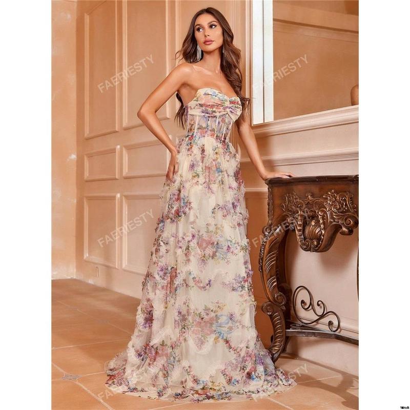 Evening dress dress tube top print floral hem edge ruffles corset ruffles