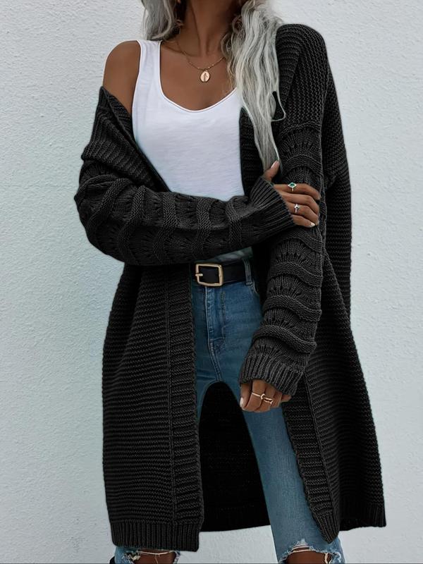  Solid Drop Shoulder Long Sleeve Cardigan, Casual Open Front Knitwear for Fall & Winter, Women's Clothing for Daily Wear