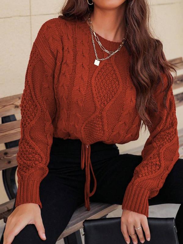 Women's Plain Drawstring Drop Shoulder Cable Knit Crop Sweater, Casual Long Sleeve Round Neck Jumper for Fall & Winter, Sweaters for Women, Fashion Ladies' Knitwear for Daily Wear