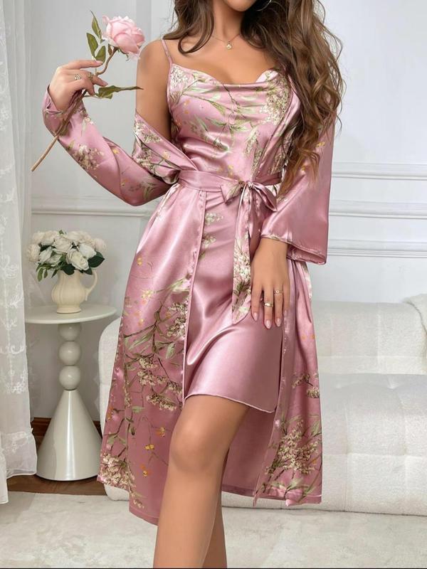 @Shopwithjulie Collection 2 Piece Set Women's Floral Print Pyjama Set, Girl Nightwear, Cowl Neck Cami Nightdress & Belted Pj Robe, Fall Wear, Women Sleepwear Loungewear Set, Lounge Set , Pajama Sets Women, Plz Order A Size Up