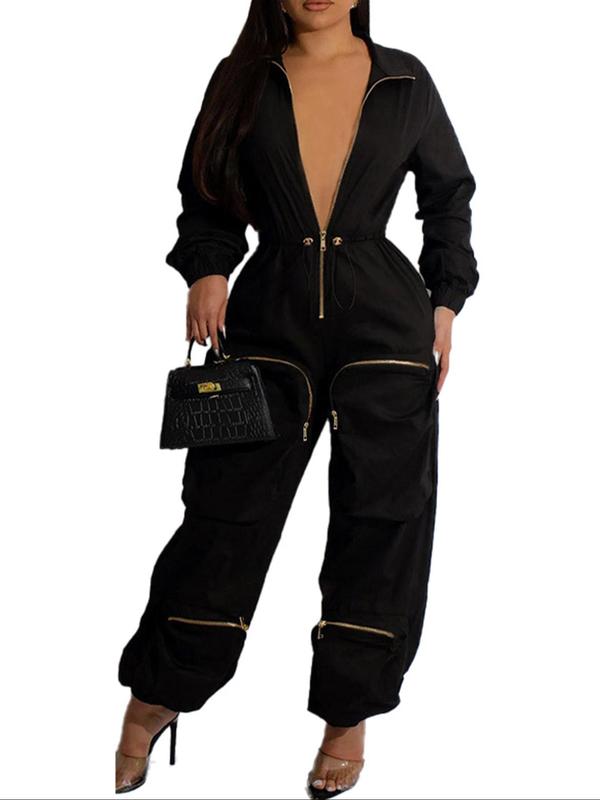 Women's Solid Zip Up Drawstring Waist Jumpsuit, Casual Street Multi-pocket Long Sleeve Jumpsuit for Spring & Fall, Women's Jumpsuit for Daily Wear