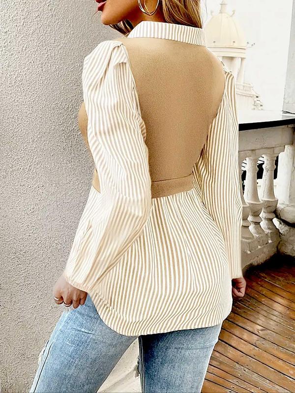 Plus 2 in 1 Colorblock Button Front Blouse, Casual Bishop Sleeve Collared Top for Spring & Fall, Gift Set, Women's Clothes for Daily Wear, Minimalistic Outfit