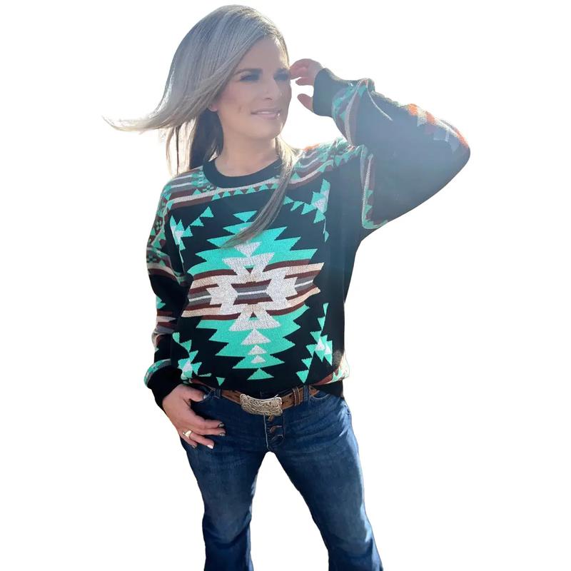 Turquoise Trails Western Print Sweater