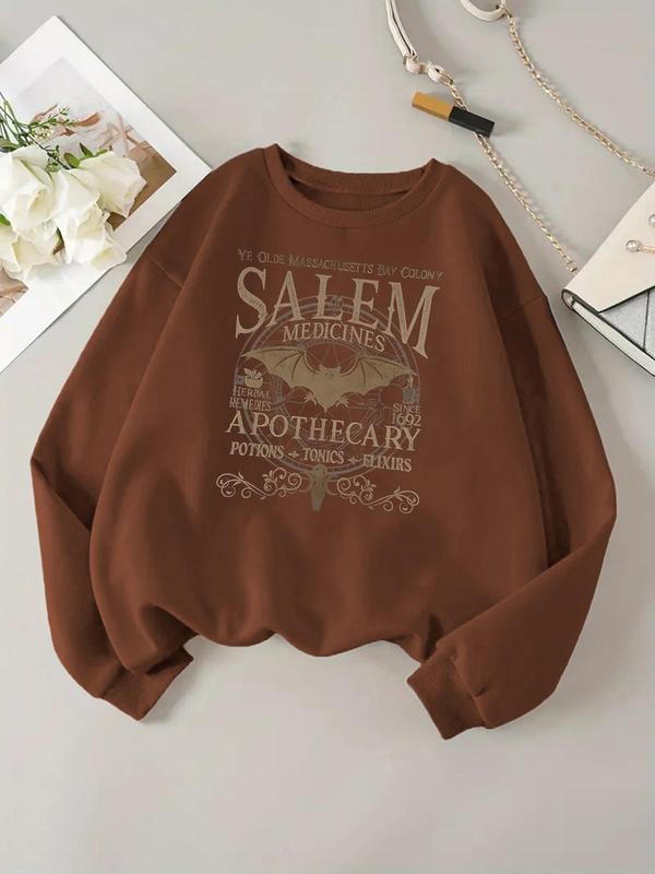 Women's Letter & Bat Print Drop Shoulder Sweatshirt, Retro Casual Long Sleeve Round Neck Pullover for Daily Wear, Ladies Clothes for All Seasons