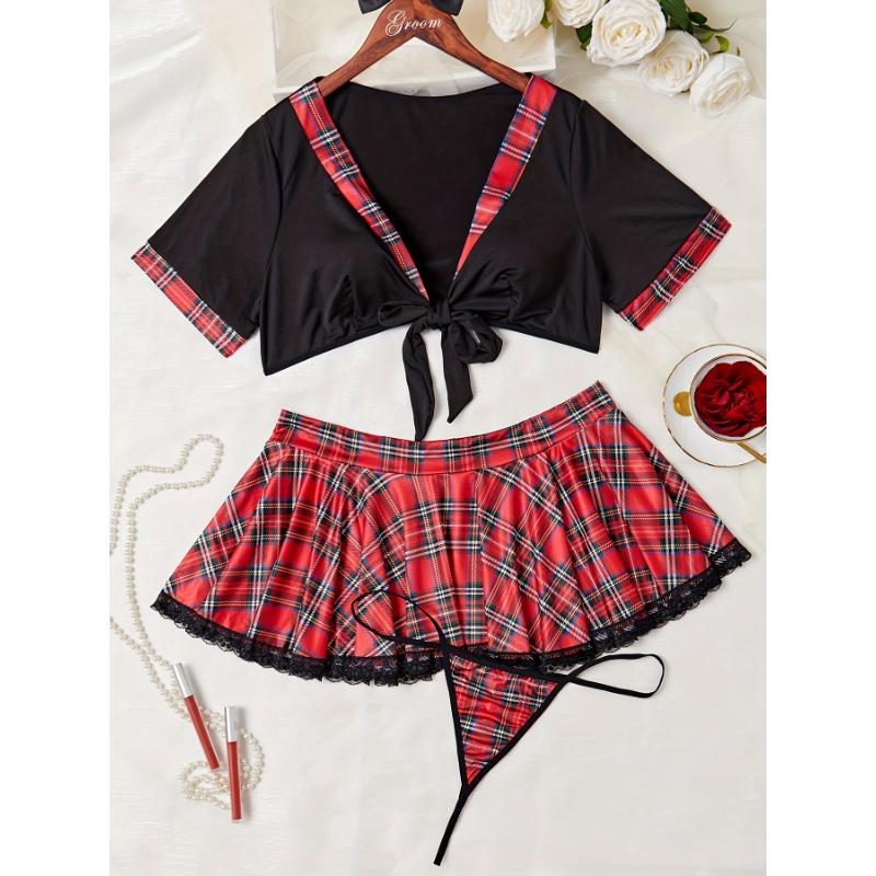 Plus Size Women's Sultry Tie-Front Plaid Lingerie Costume Set - Seductive Roleplay Uniform with Lace Accents, Black and Red Color Block, Bedroom Attire for Confident Women - Perfect for Boudoir Play and Romantic Nights Womenswear Comfort