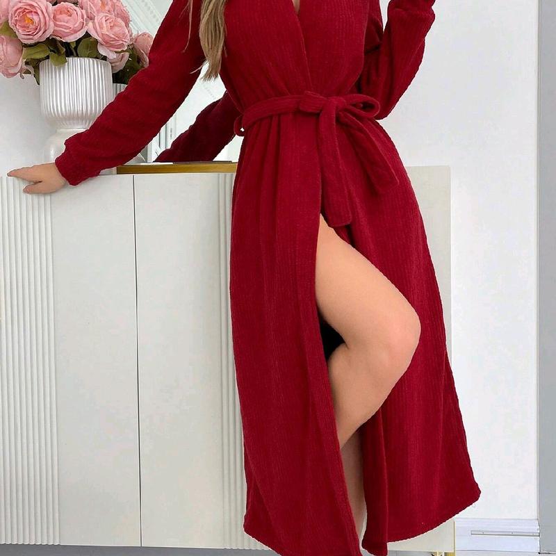 Women's Plain Velvet Long Sleeve Bathrobe for Winter Comfort -  Womenswear Loungewear Basic Gowns Longsleeves