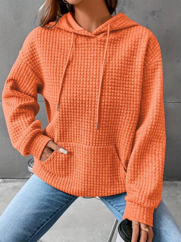 Women's Waffle Knit Drop Shoulder Hoodie, Fashion Casual Drawstring Pocket Hooded Sweatshirt for Daily Outdoor Wear, Ladies Clothing for Fall & Winter