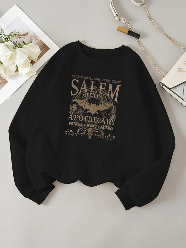 Women's Letter & Bat Print Drop Shoulder Sweatshirt, Retro Casual Long Sleeve Round Neck Pullover for Daily Wear, Ladies Clothes for All Seasons