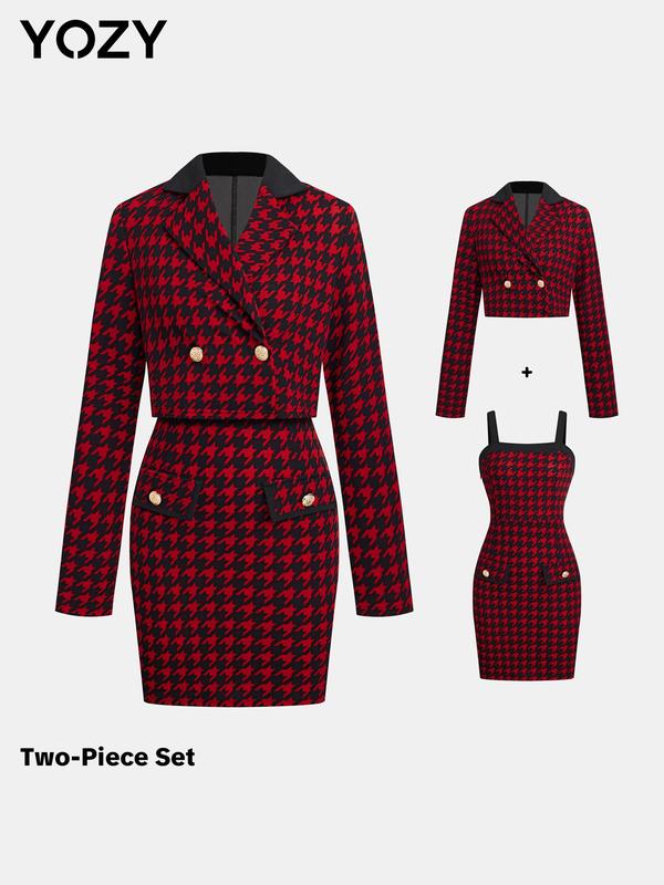 YOZY Christmas Deals, Houndstooth Print Lapel Neck Crop Blazer & Sleeveless Bodycon Dress Set  Fashion Long Sleeve Outerwear & Fake Pocket Dress, Christmas 2024 Trend, Fall & Winter Outfits