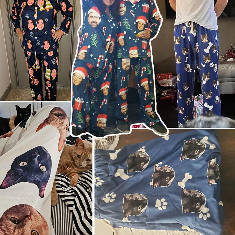 Custom Photo Pajamas - Personalized Face Unisex Pajama Pants for Women Men - Home Wear Set - Lounge-wear, Men's Wear Pajama Set Nightwear Silk