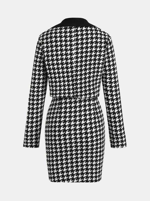 YOZY Christmas Deals, Houndstooth Print Lapel Neck Crop Blazer & Sleeveless Bodycon Dress Set  Fashion Long Sleeve Outerwear & Fake Pocket Dress, Christmas 2024 Trend, Fall & Winter Outfits