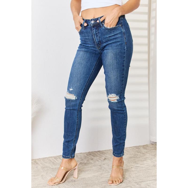 Judy Blue Full Size Mid Waist Distressed Slim Jeans