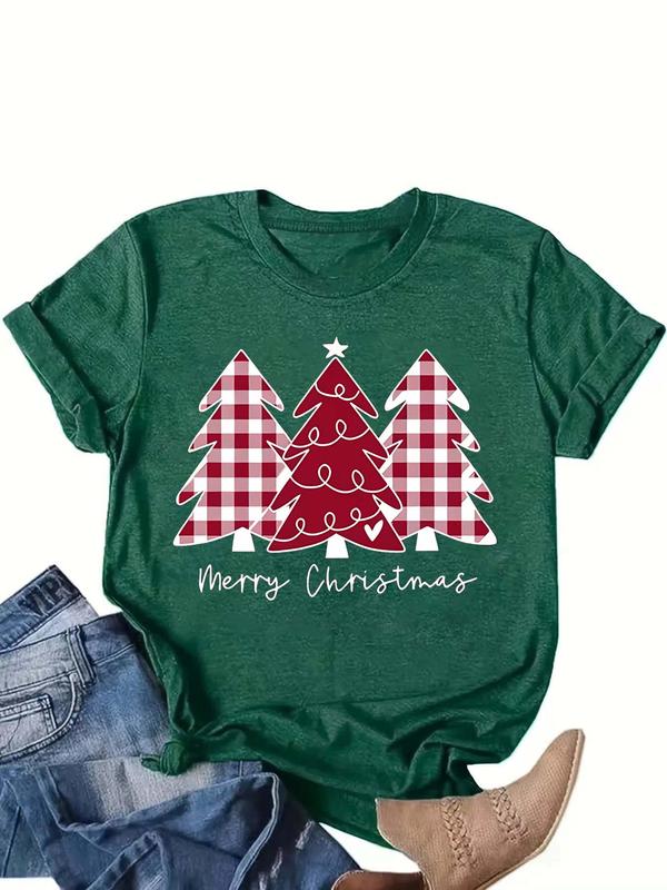  Women's Christmas Tree Print Round Neck Tee, Casual Short Sleeve Crew Neck T-Shirt for Daily Wear, Ladies Clothes for All Seasons