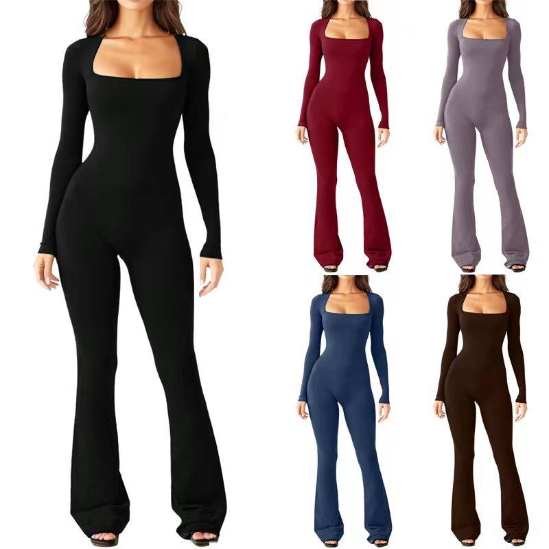 Women Long Sleeve Belly Waist Shaping and Hip Lift Square Collar Wide Leg High Elastic Jumpsuit Does not apply