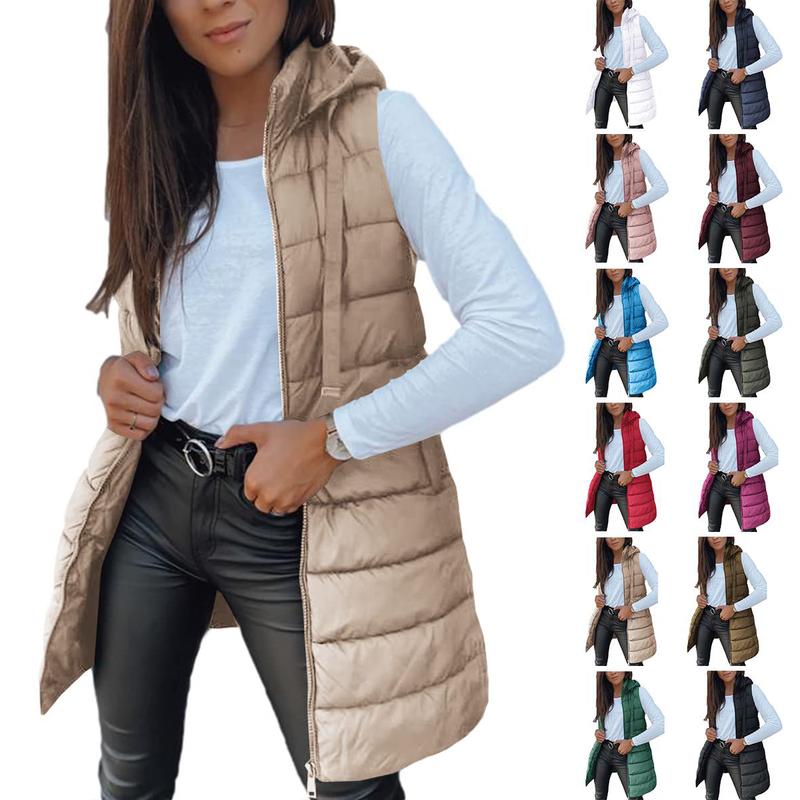 Tankaneo Women Long Vest Solid Color Sleeveless Hood Winter Puffer Vest Outwear