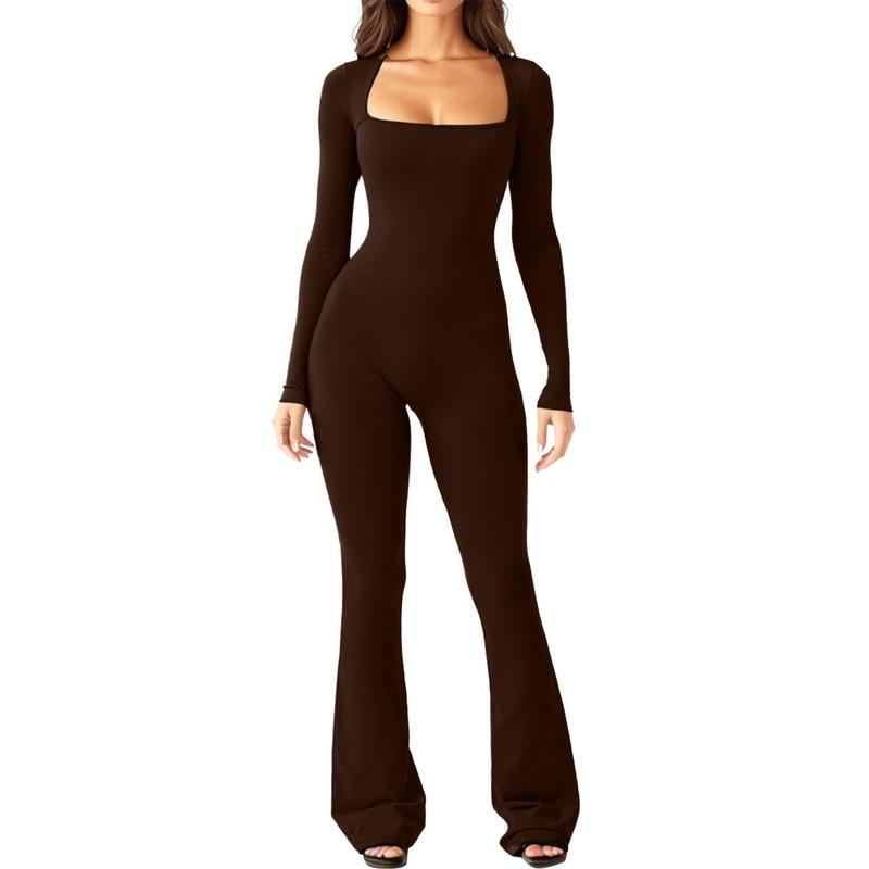 Women Long Sleeve Belly Waist Shaping and Hip Lift Square Collar Wide Leg High Elastic Jumpsuit Does not apply